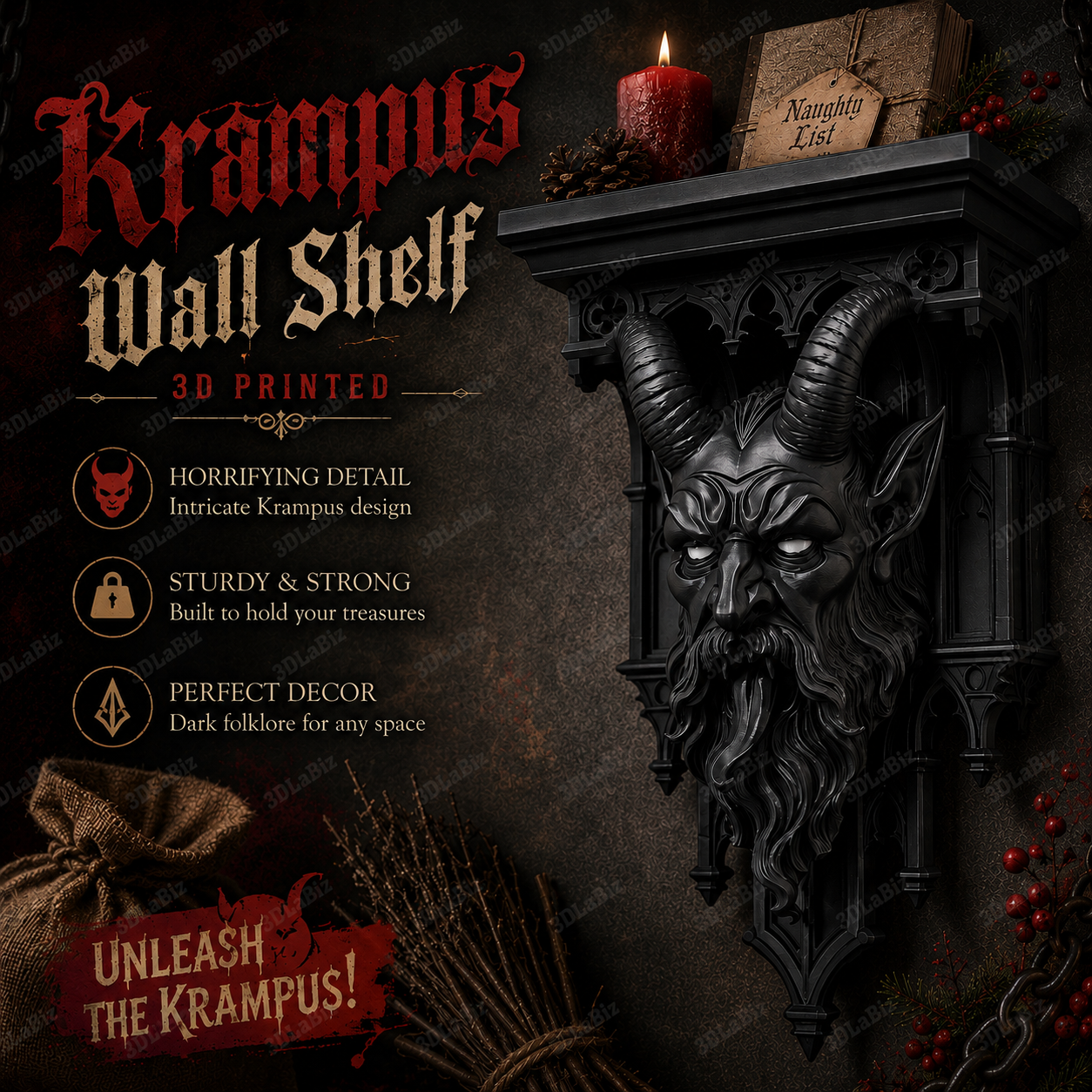 Horror Mythical Krampus 12" 8x6 Top Floating LED Capable Wall Shelf Collectible