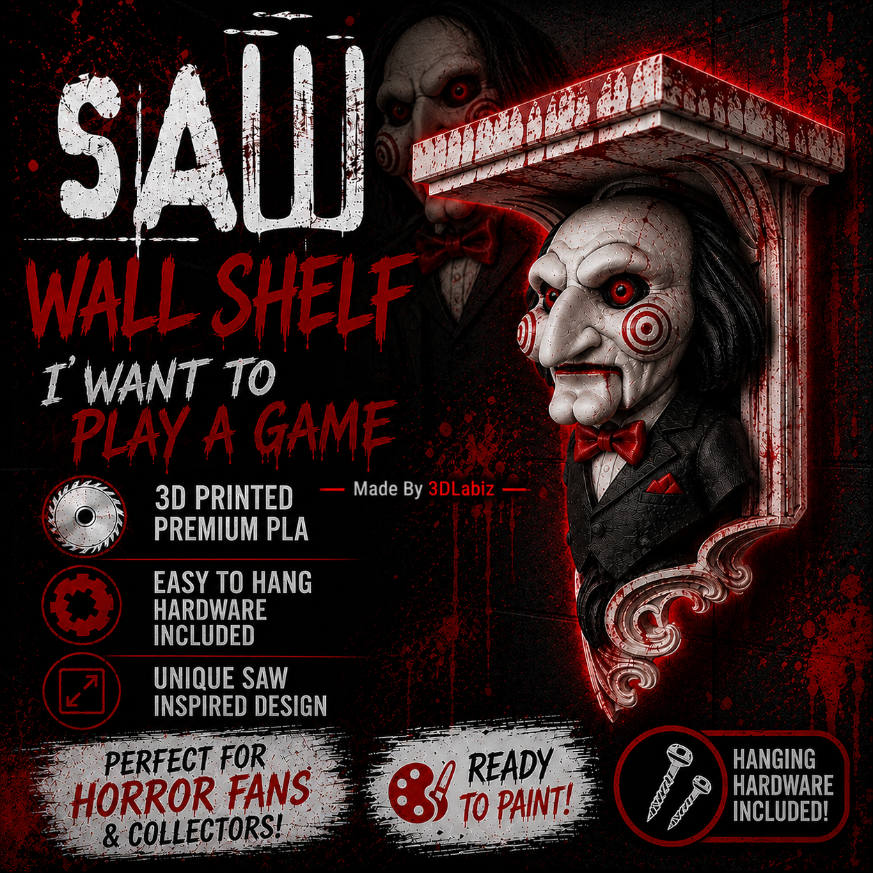 Horror SAW Billy The Puppet 6x5 Top Wall Shelf Collectible