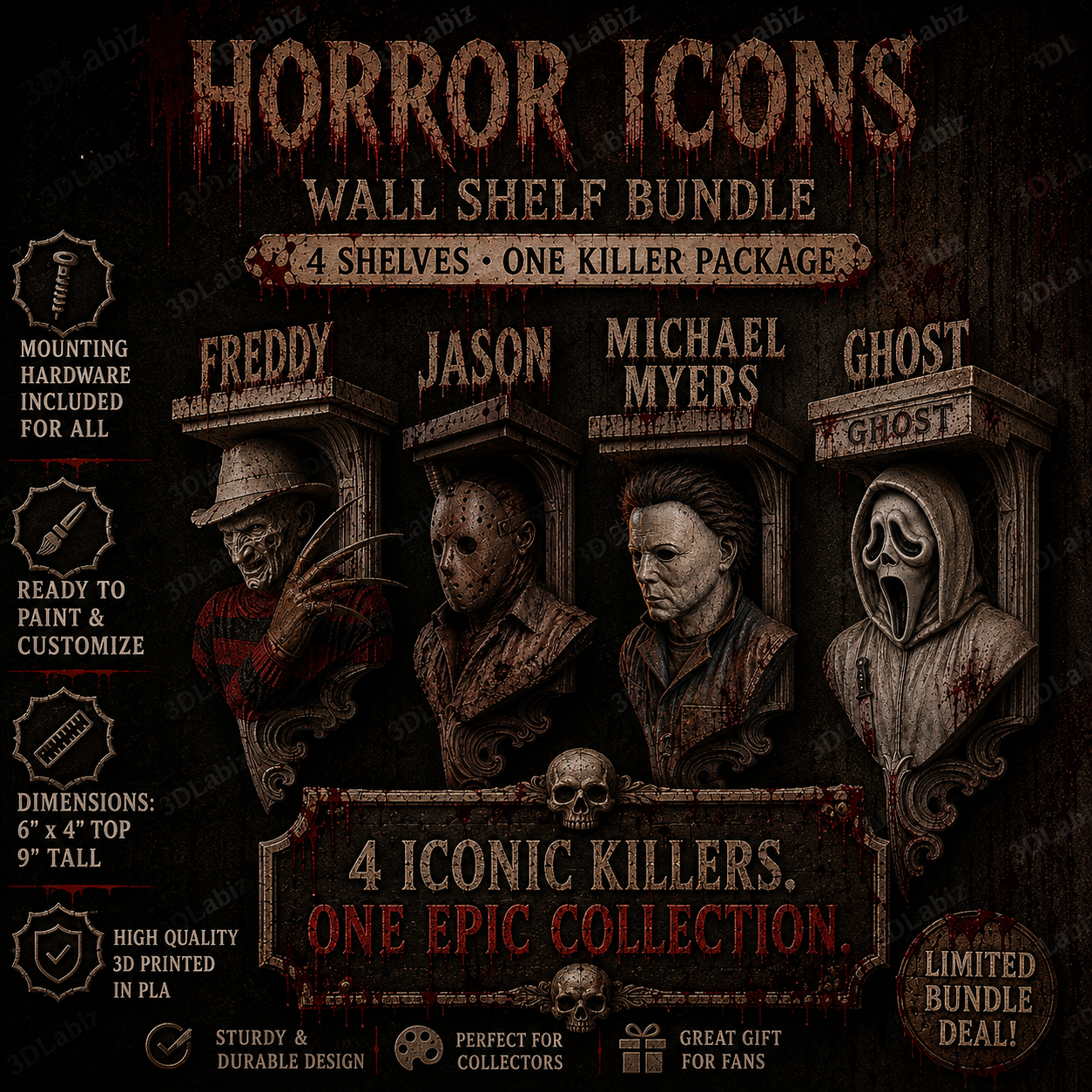 Horror 4 Piece Killer Bundle Jason, Freddy, Ghost, Mike 6x5x9 Wall Shelf Collectible