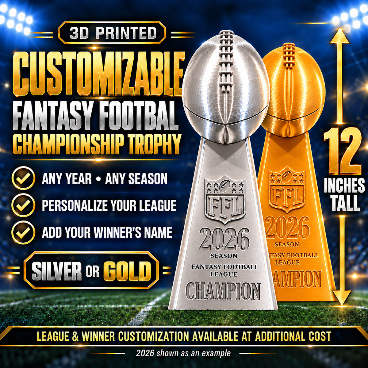12-Inch Customizable Fantasy Football Championship Trophy – Silver or Gold