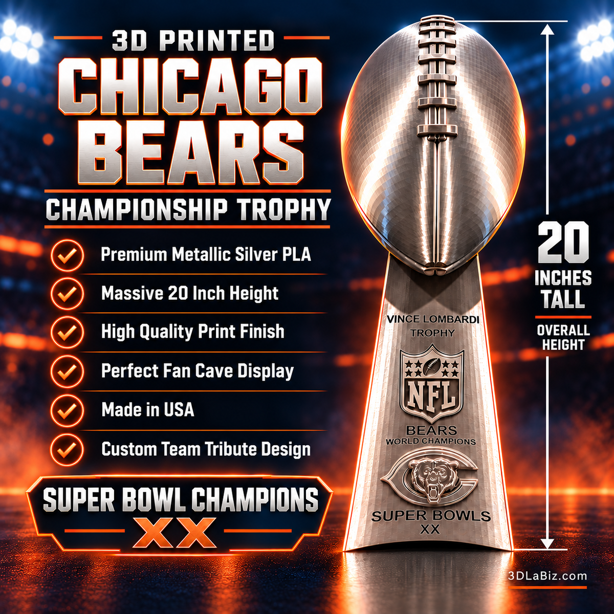 Chicago Bears Championship Trophy – 20-Inch Metallic Silver Display