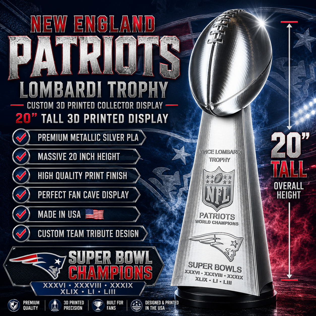 Custom 20 inch Lombardi Trophy New England Patriots - ALL Superbowls