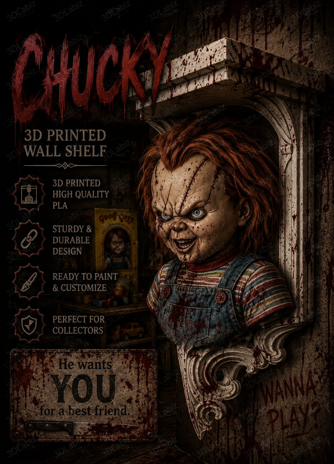 Horror Chucky 6x5 Top Floating Wall Shelf Collectible