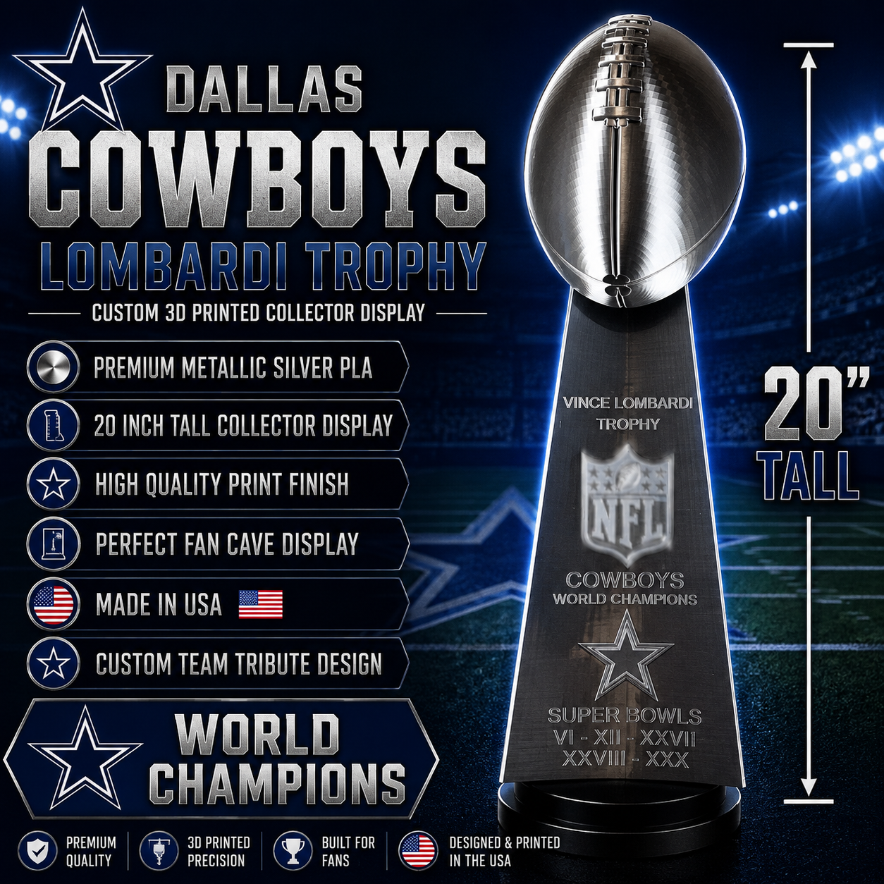 Custom 20 inch Lombardi Trophy Dallas Cowboys - ALL Superbowls