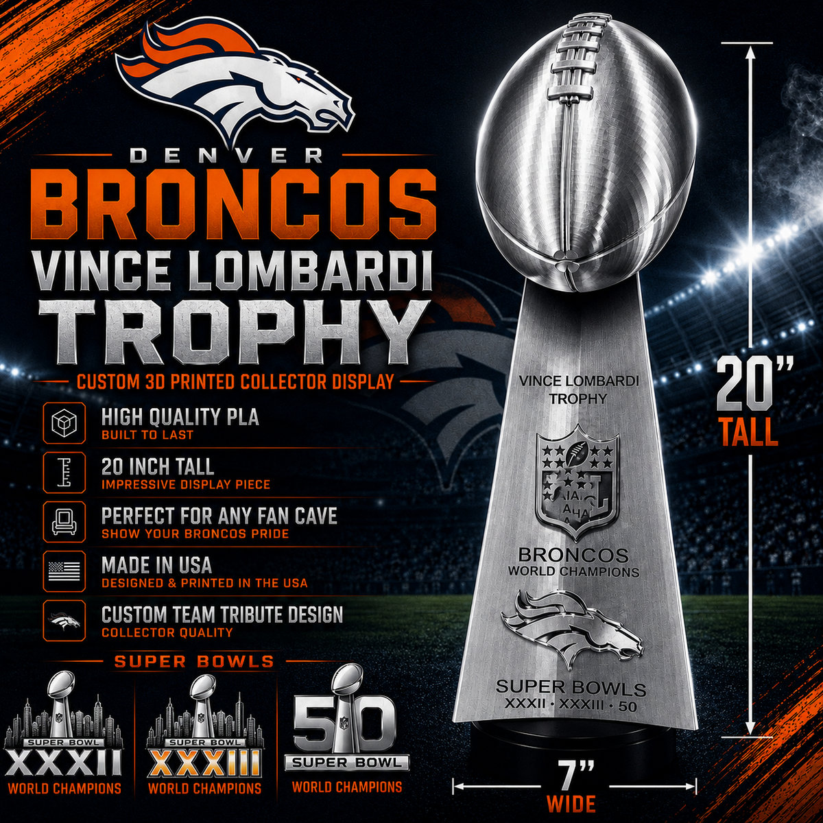 Denver Broncos 20 inch 3D printed championship trophy