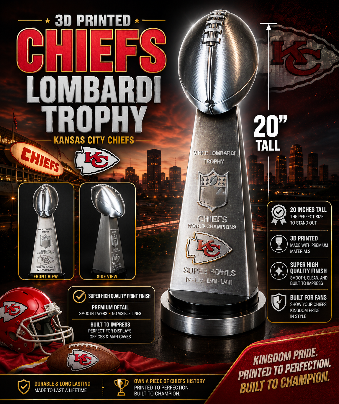 Custom 20 inch Lombardi Trophy Kansas City Chiefs - ALL Superbowls
