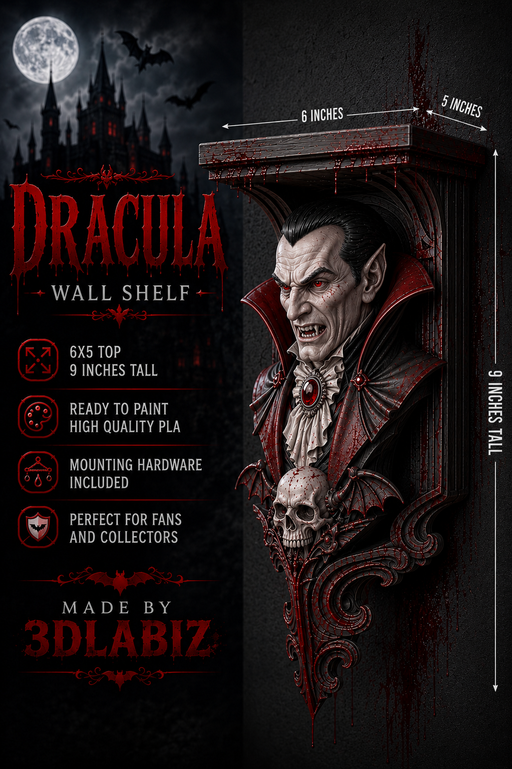Horror Classic Count Dracula Vampire 6x5 Top Floating Wall Shelf Collectible