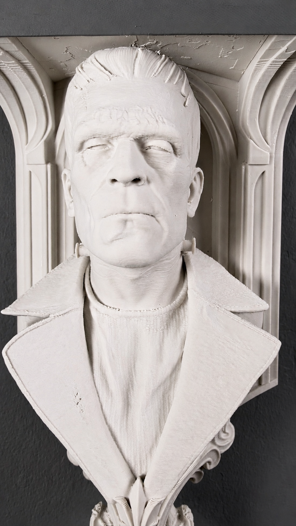 Close-up of Bone White Frankenstein-inspired horror wall shelf