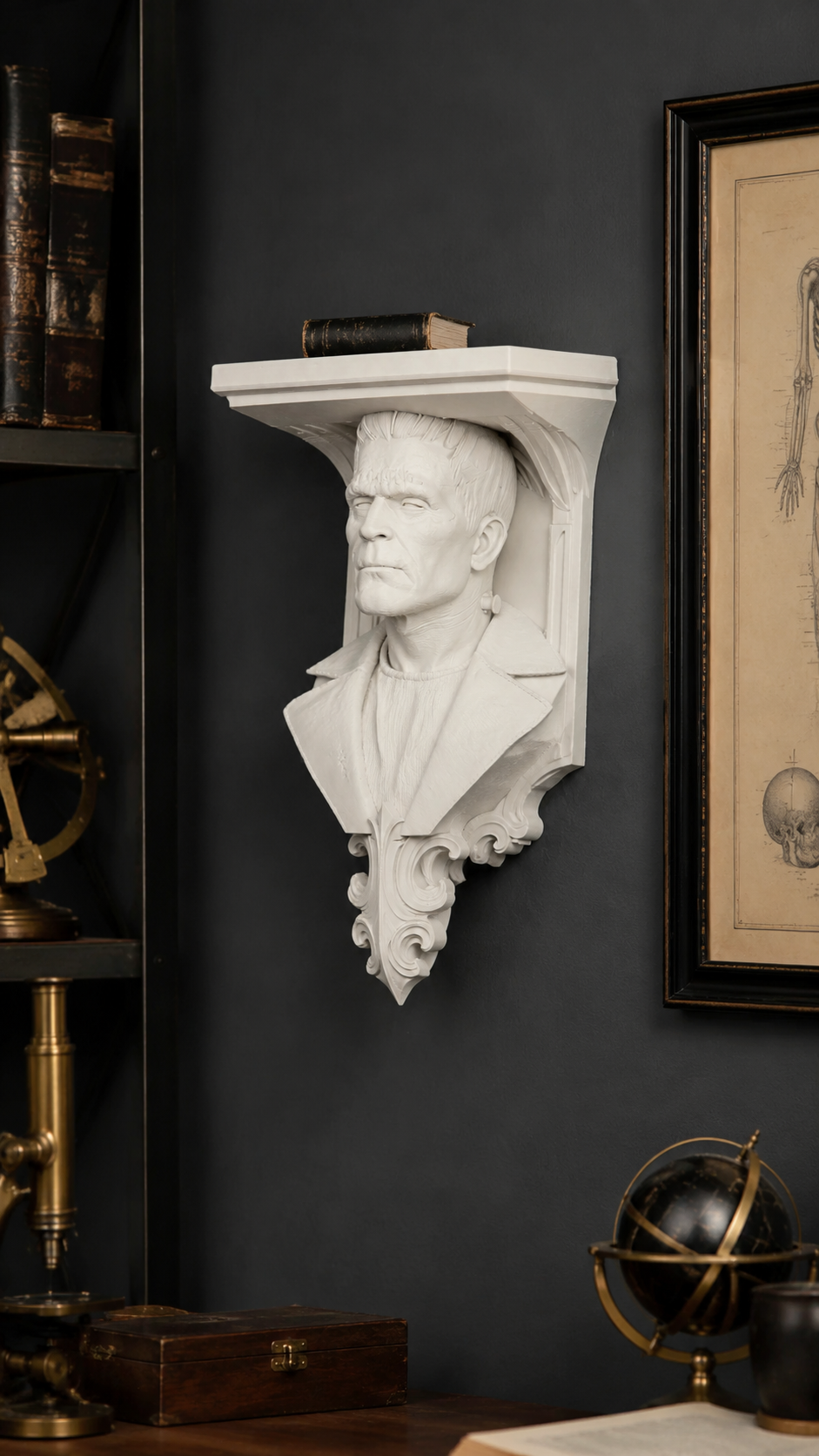 Bone White Frankenstein horror wall shelf displayed in a gothic home study