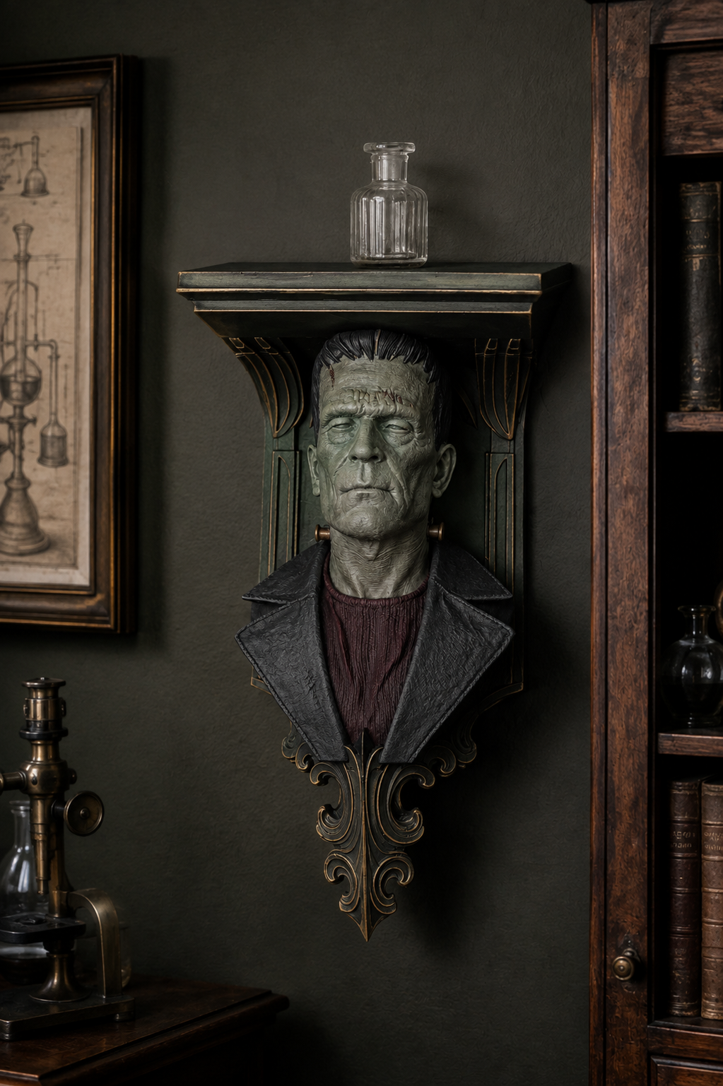 Painted Frankenstein-inspired horror wall shelf in a vintage laboratory-style home study