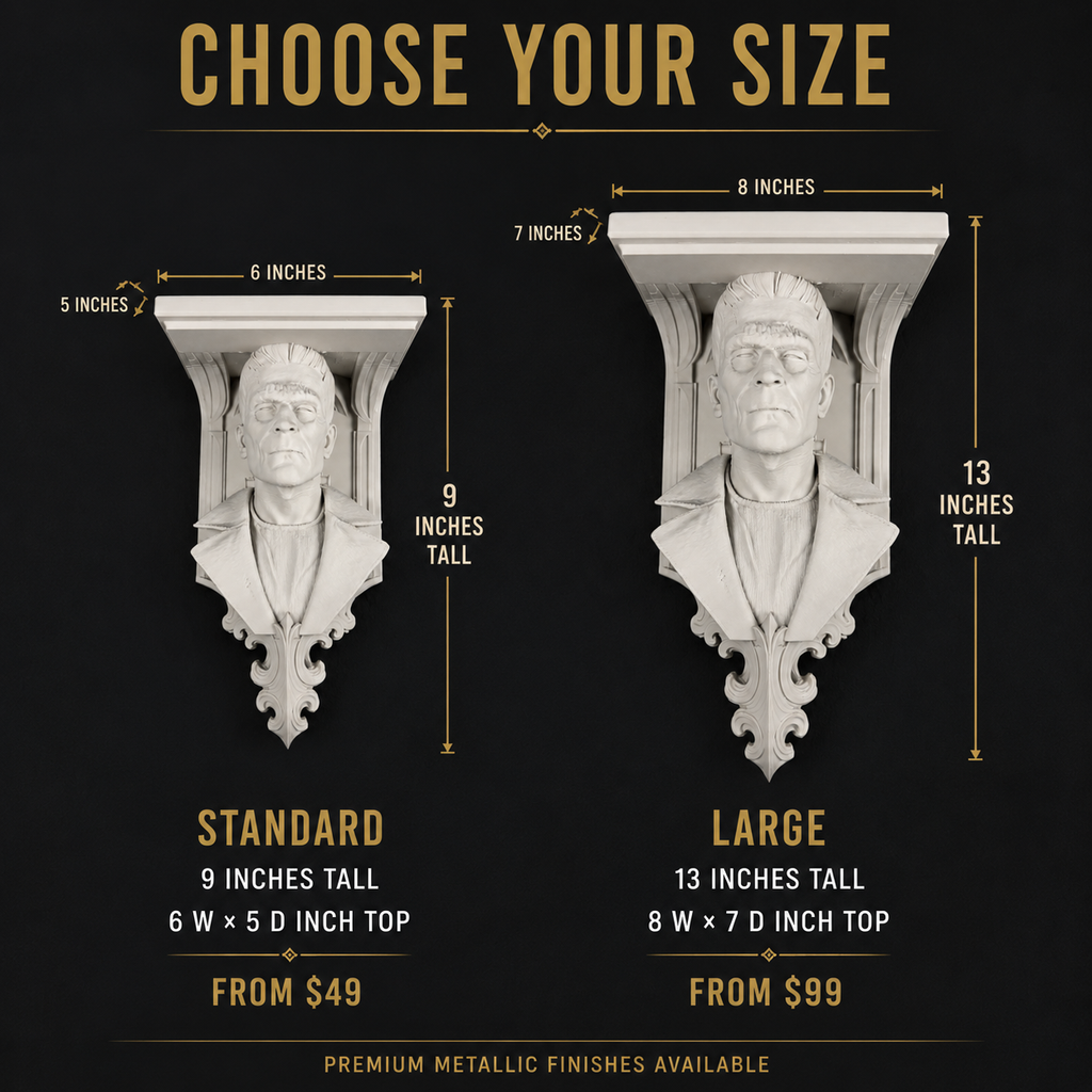Frankenstein horror wall shelf size comparison with 9-inch and 13-inch options