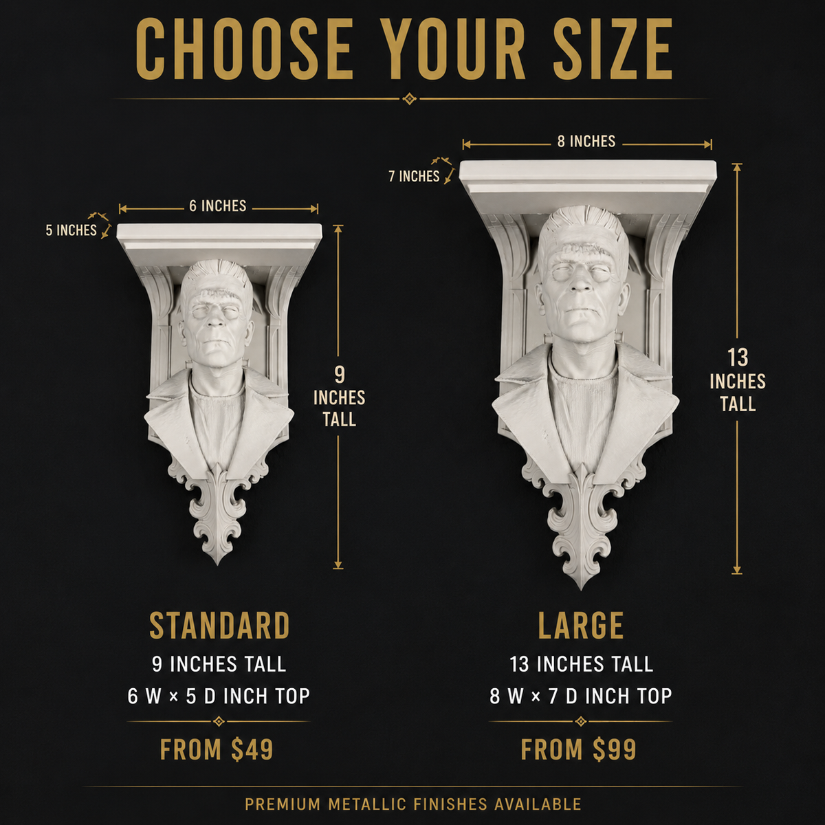Frankenstein horror wall shelf size comparison with 9-inch and 13-inch options