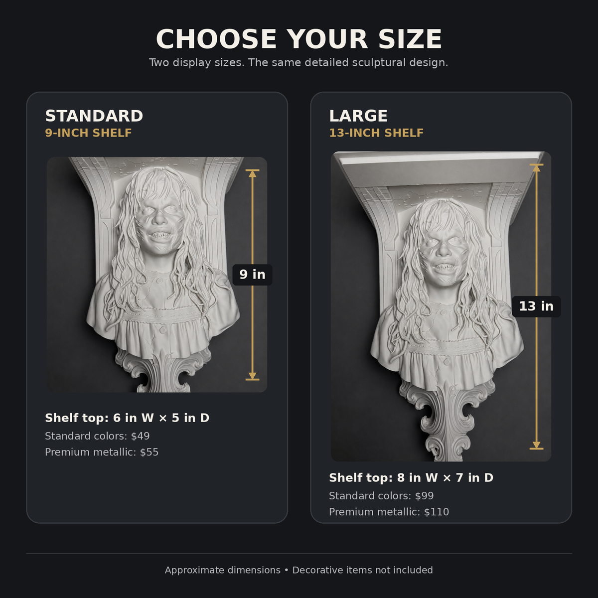 Regan horror wall shelf size comparison with 9-inch and 13-inch options