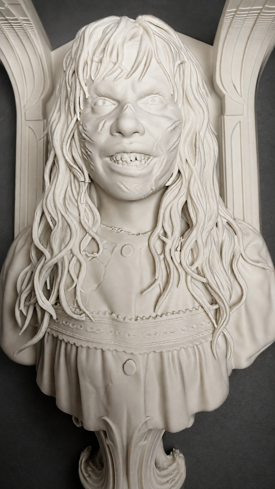Close-up of Bone White Regan-inspired horror wall shelf
