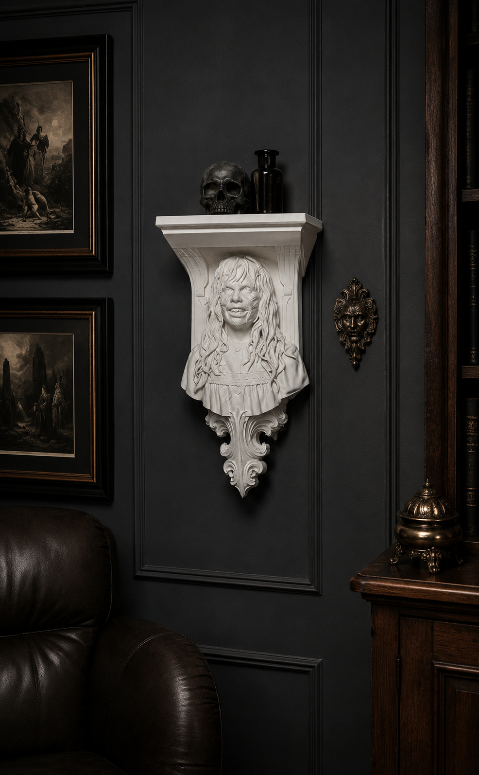 Bone White Regan horror wall shelf displayed in gothic home interior