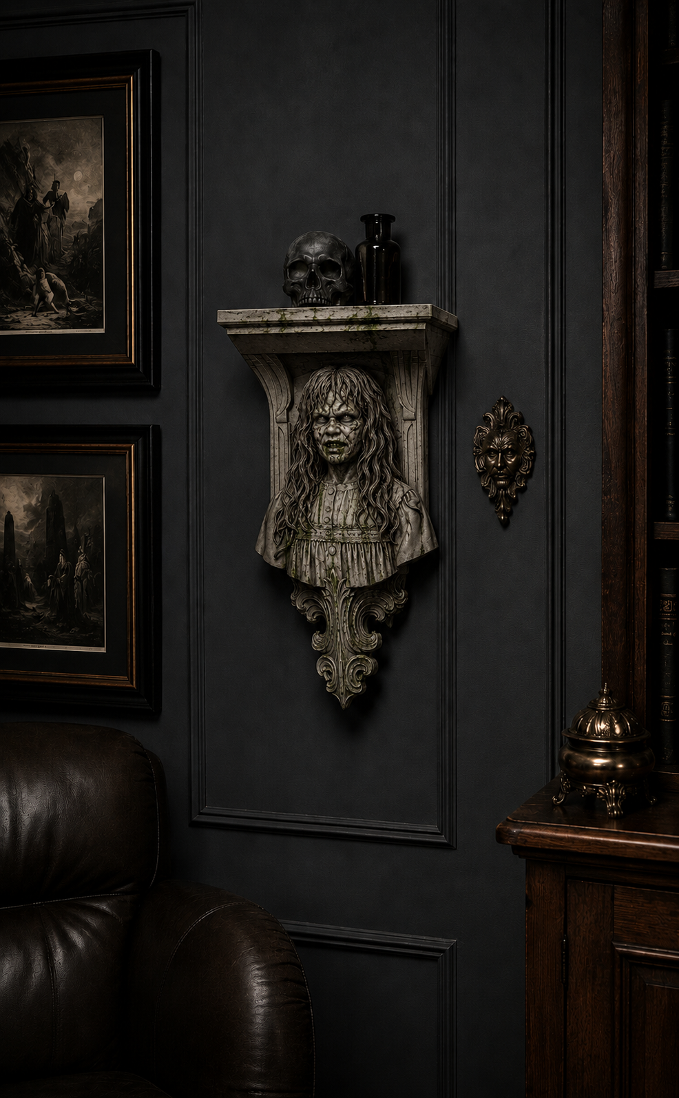 Painted Regan-inspired horror wall shelf in gothic home display