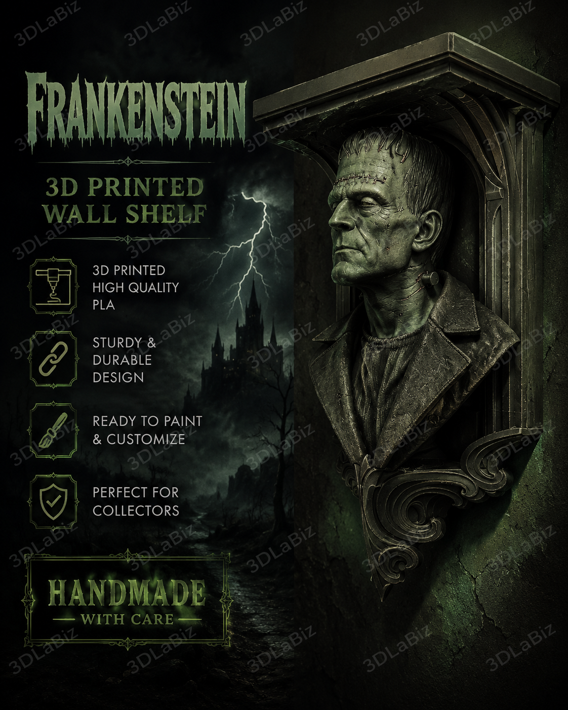 Frankenstein-inspired 3D-printed horror wall shelf with painted classic monster finish