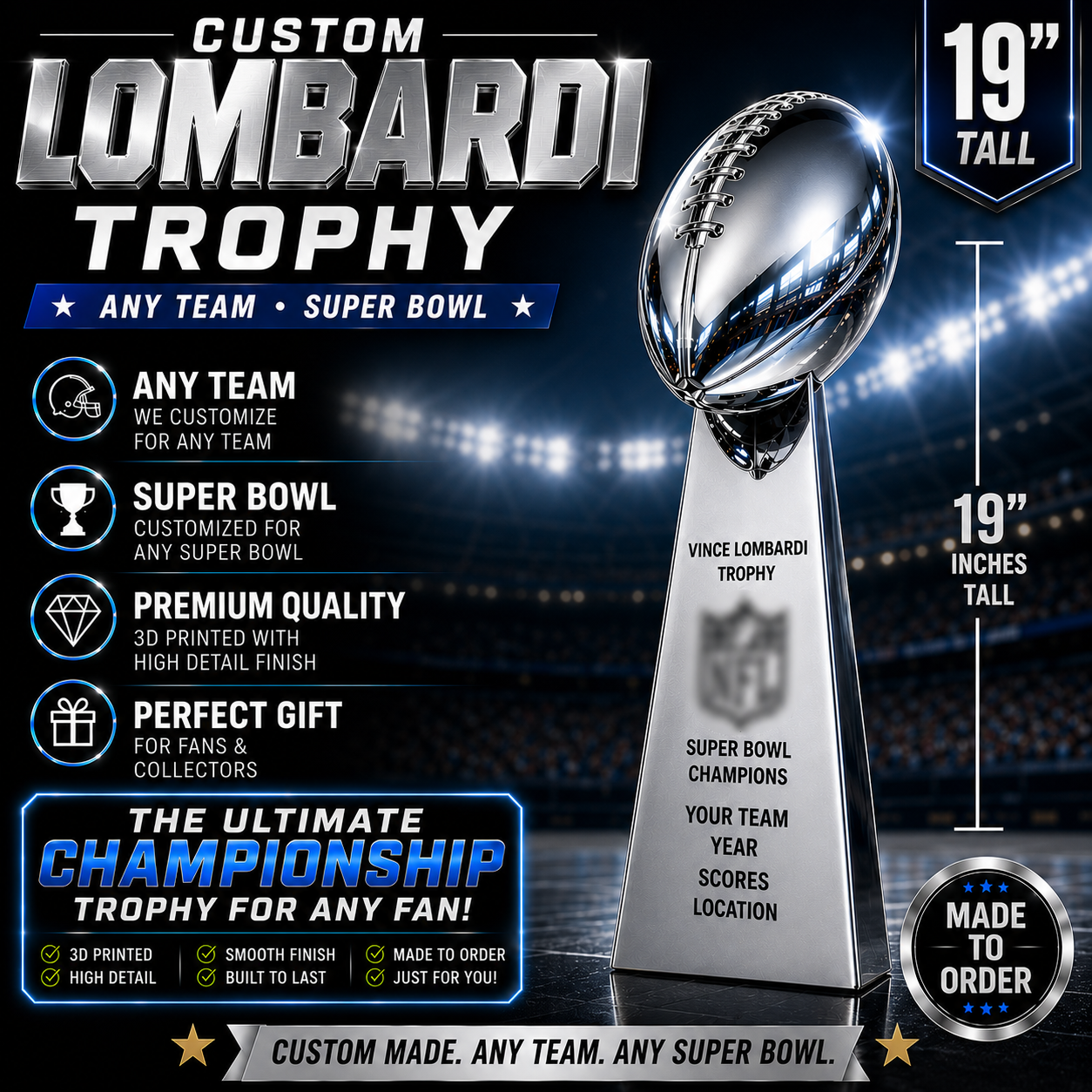 19 inch - Fully Customized Superbowl Vince Lombardi Trophy Like - ANY SB Game, Team, Year ** FREE SHIPPING **