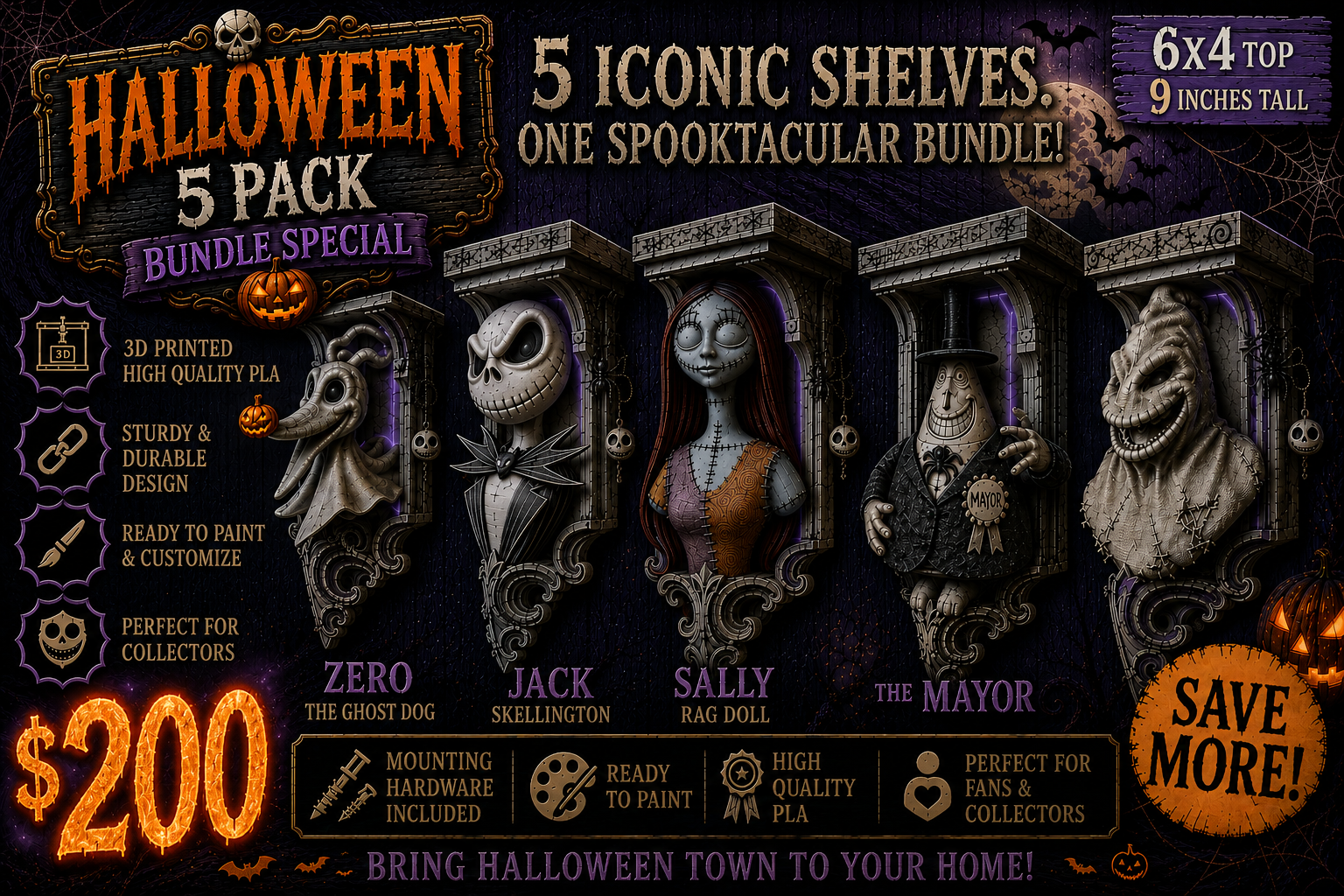 Horror Halloween Nightmare Before Christmas 5 Pack 6x5x9 Wall Shelf Collectible
