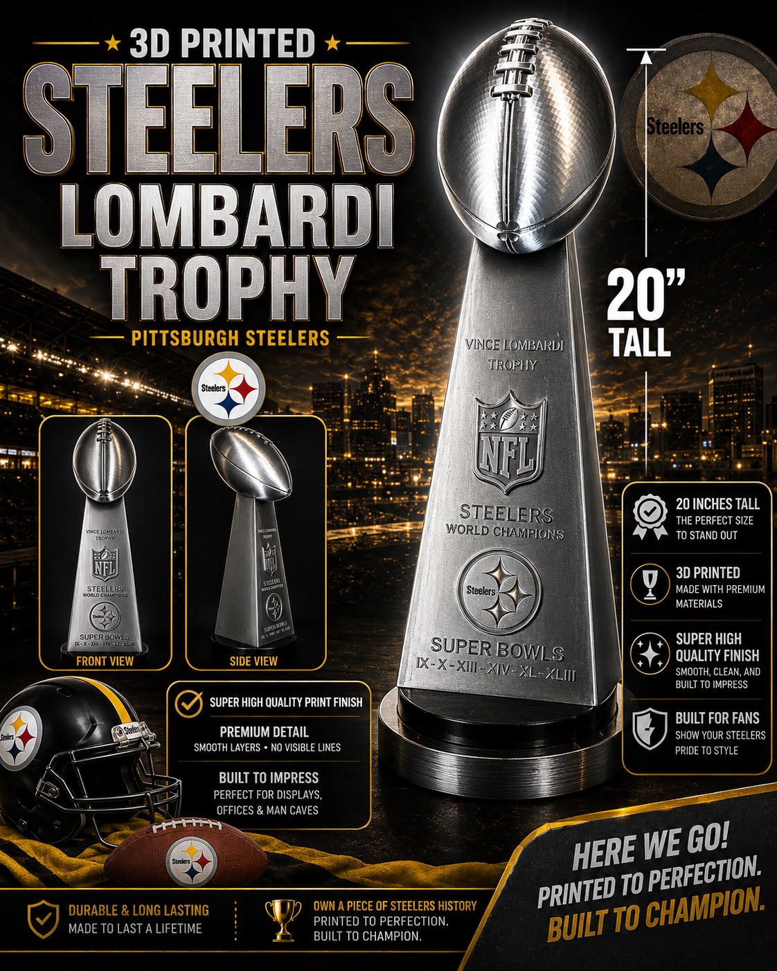 Custom 20 inch Lombardi Trophy Pittsburgh Steelers - ALL Superbowls